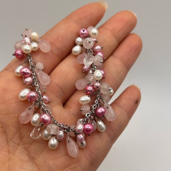 Sterling silver rose quartz freshwater pearl bracelet - Picture 6 of 6